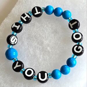Handmade "You got this" bracelet inspirational blue black jewelry stretch
